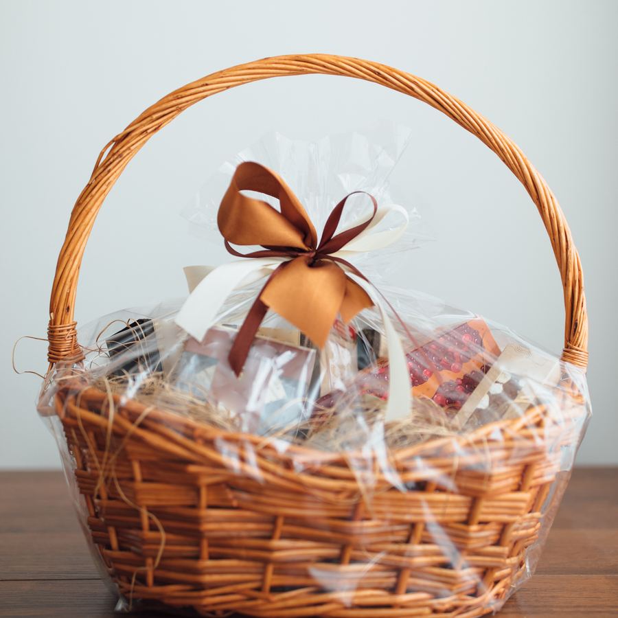 Wicker gift basket with ribbon