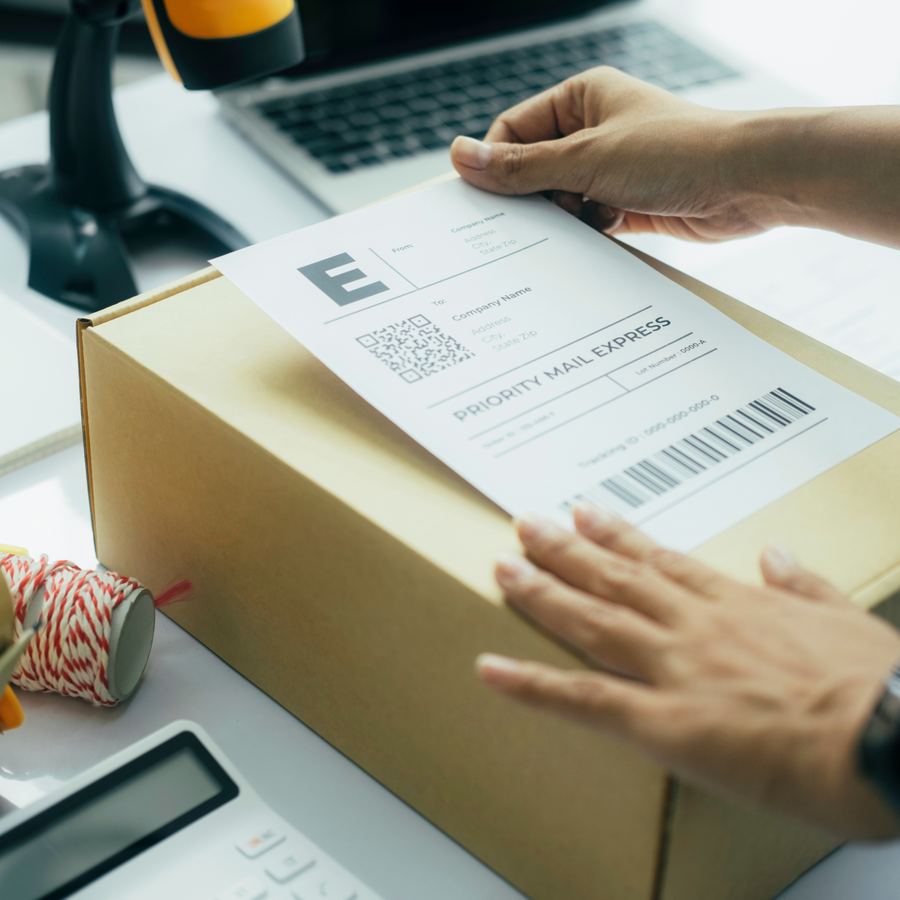 Hands wrapping a parcel